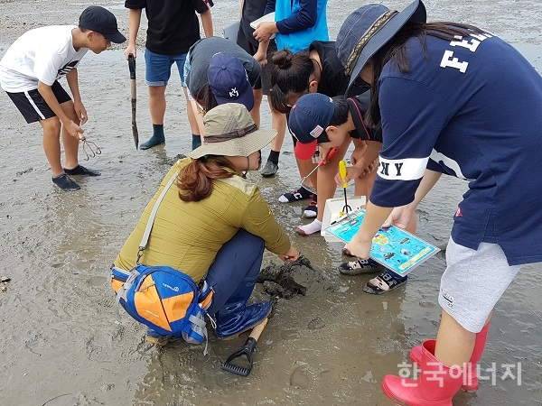 지난해 해양환경공단의 교육 협력 사업에 참여한 풀뿌리환경센터에서 학생들을 대상으로 갯벌 체험학습을 진행하고 있다.