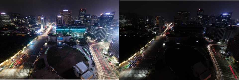 에너지의 날을 맞아 밤 9시부터 전국 동시에 5분간 소등 캠페인을 진행했다. 사진은 소등 전후의 서울주변 모습. [사진제공=에너지시민연대]